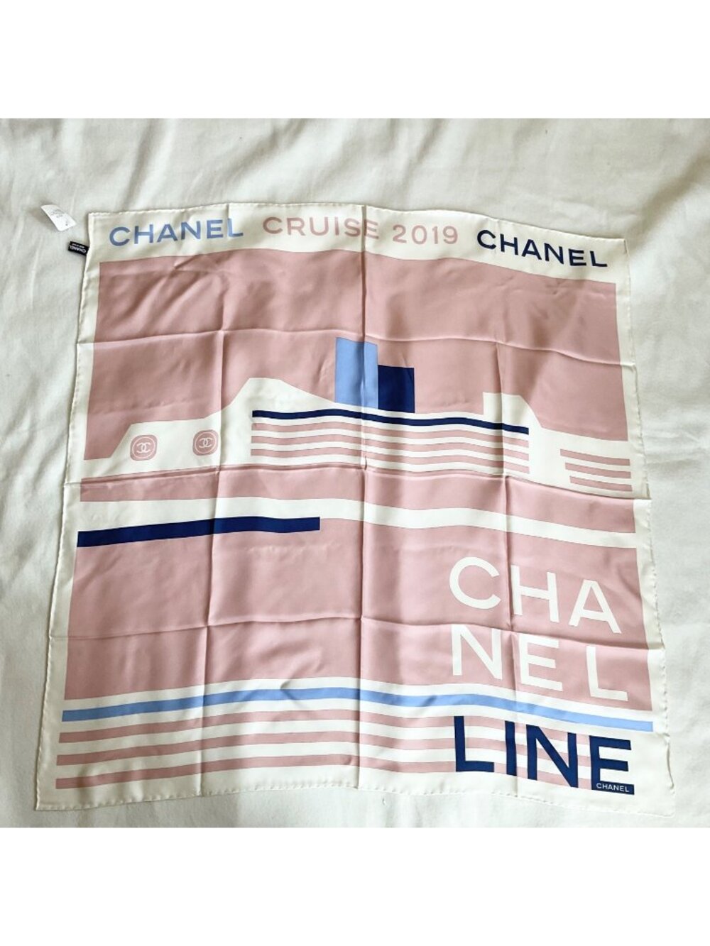 NWT NO BOX CHANNEL pink blue white ship boat cruise silk square scarf